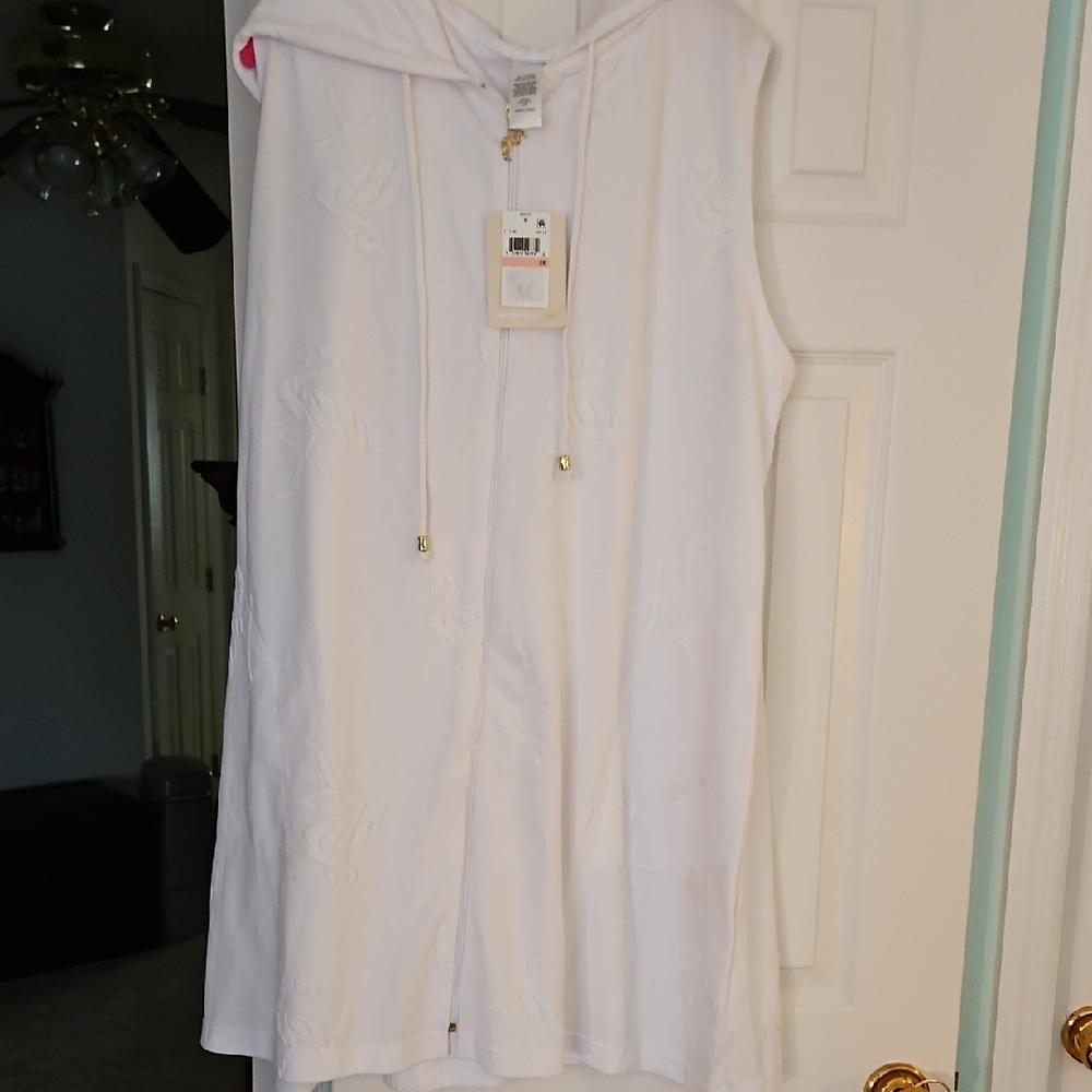 Dotti White Hooded Coverup with Gold Accents And White Flamingos